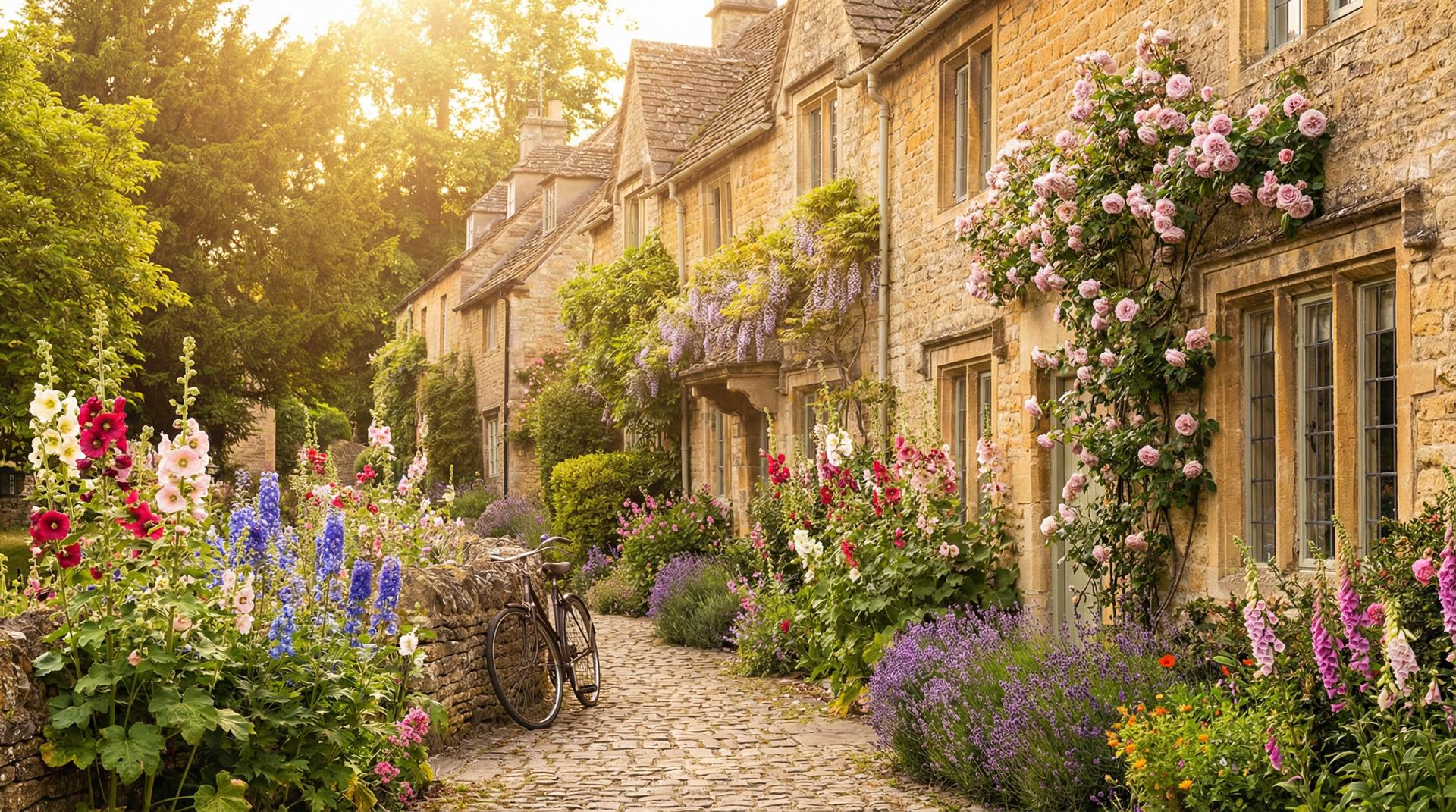 Idyllic Cotswolds village with honey-coloured stone cottages and climbing roses