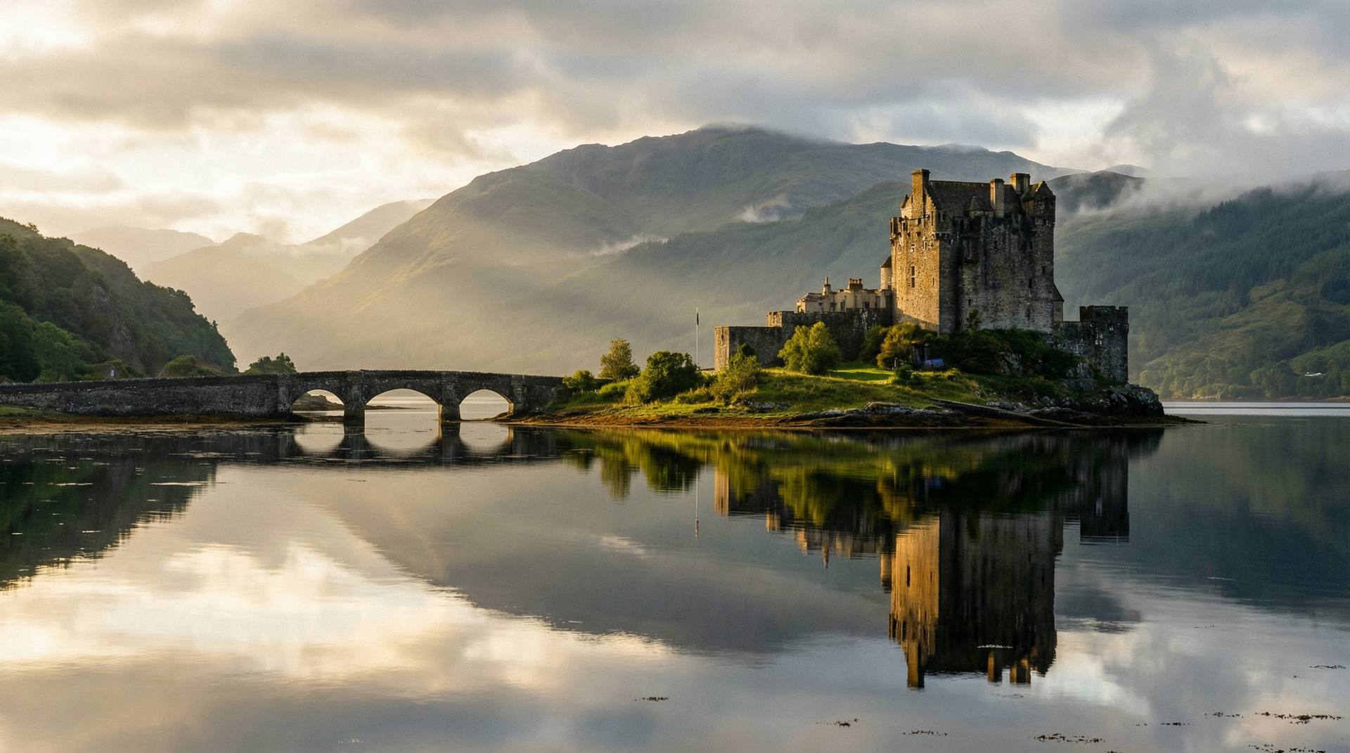 Eilean Donan Castle reflected in a Scottish loch at dawn
