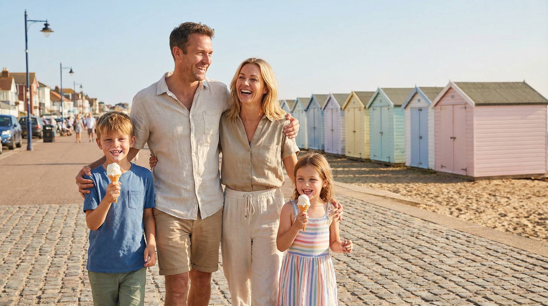 Happy family enjoying a British seaside town with colourful beach huts