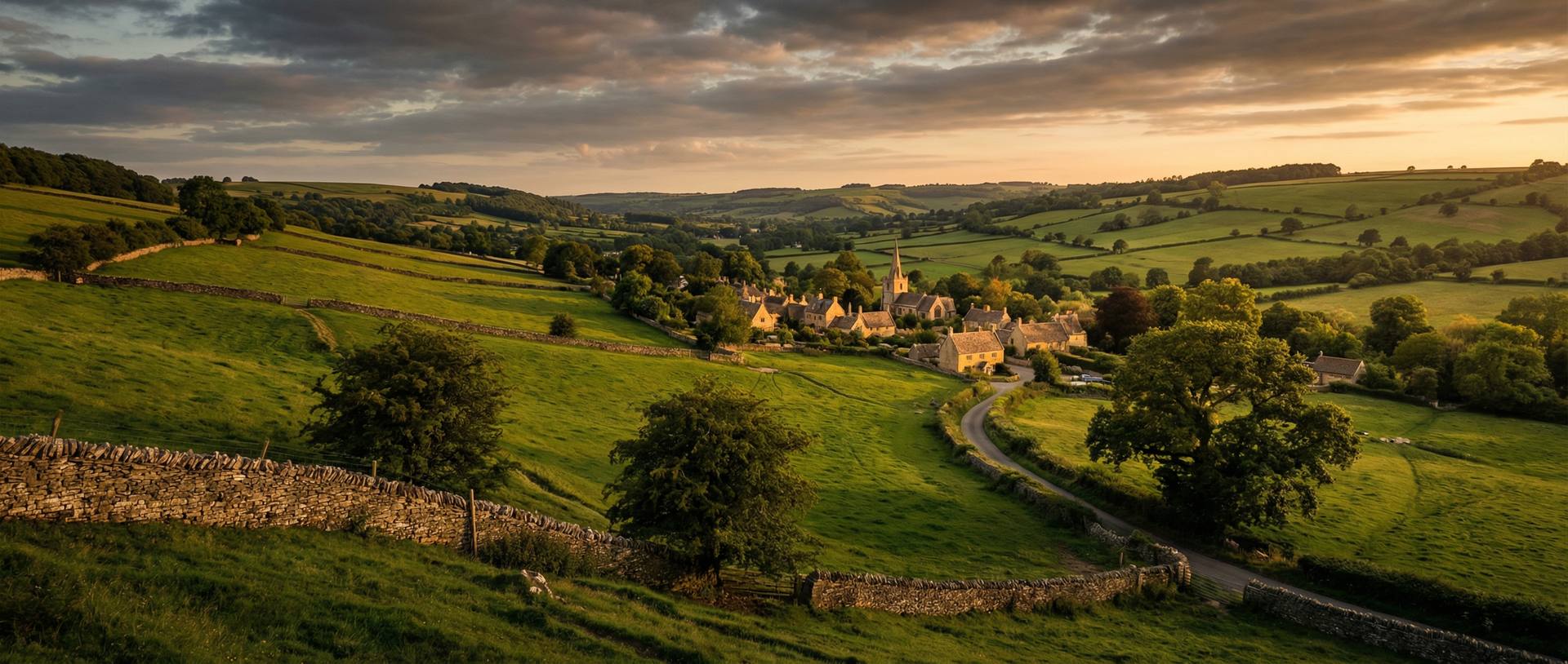 Golden hour over the English countryside — rolling green hills, stone walls, and a village church spire