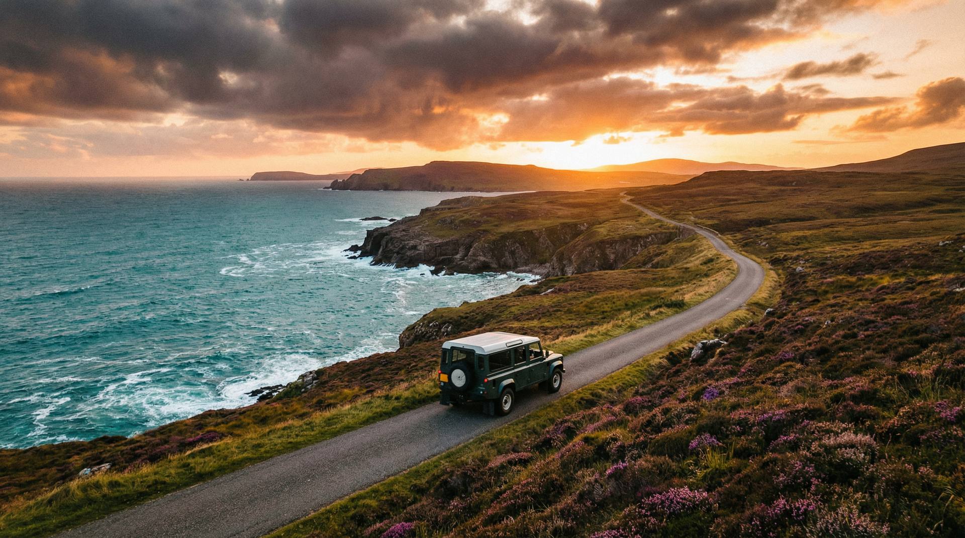 Land Rover driving along a dramatic Scottish coastal road at sunset