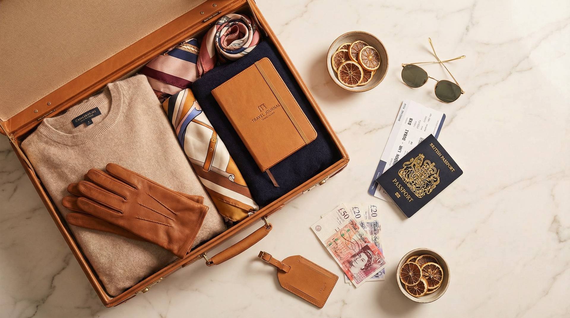 Luxury travel essentials — passport, tickets and leather luggage