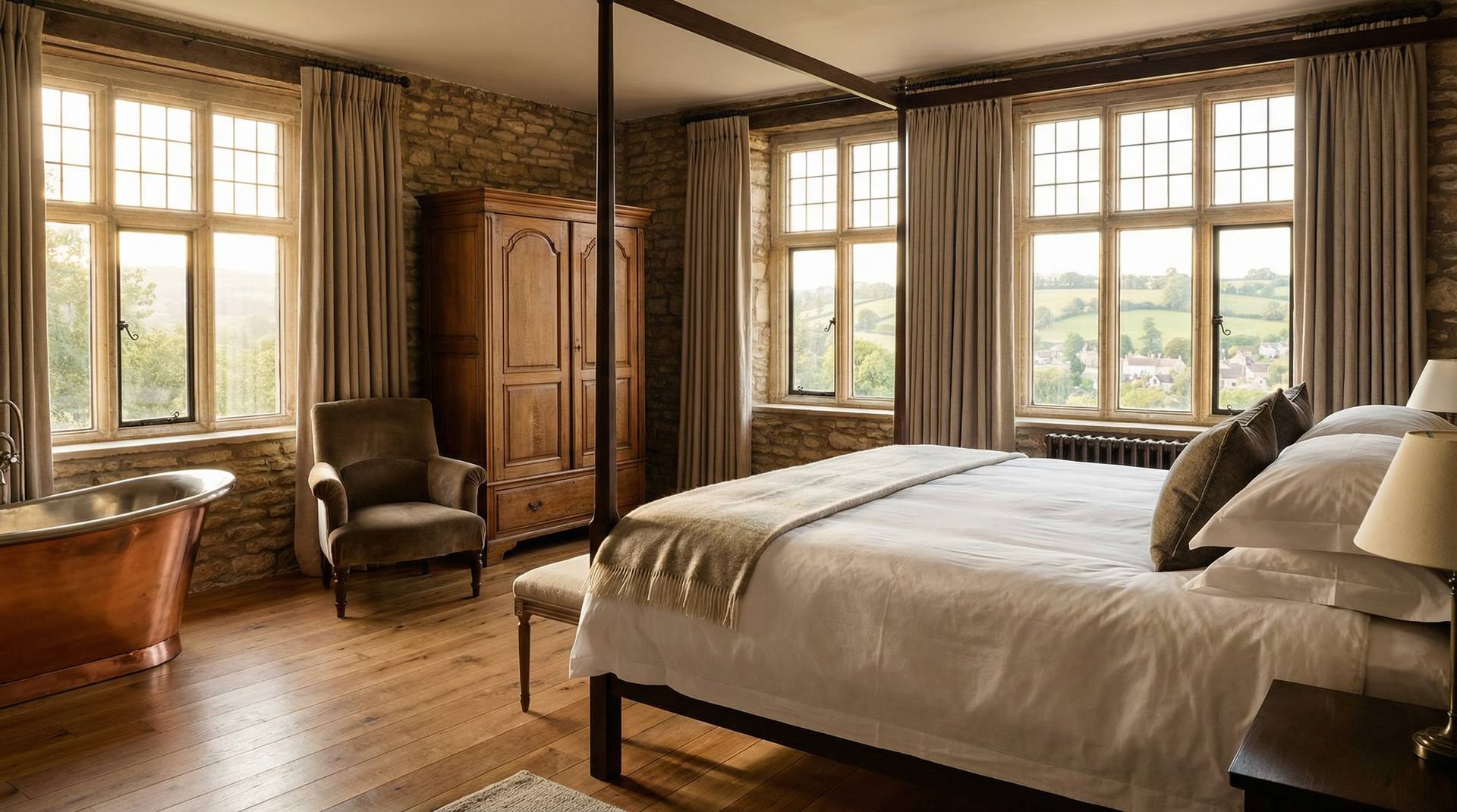 Luxury boutique hotel room in an English country manor